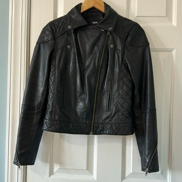Asos Genuine Leather Moto/Biker Jacket Sz 4 quilted detailing - Picture 3 of 12